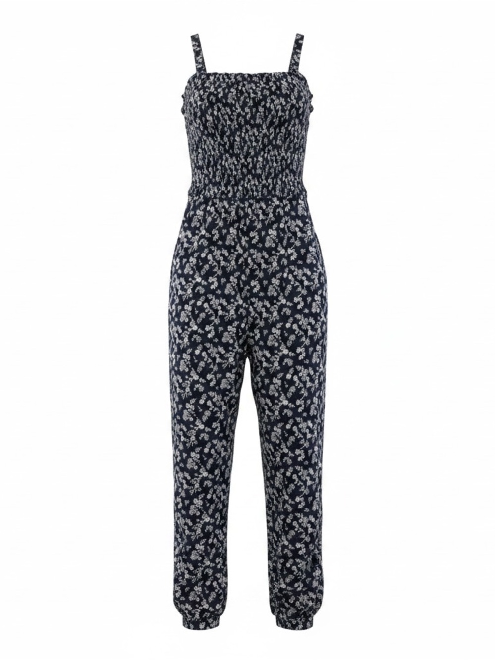 Aqua Girls Blue White Floral Print Smocked Sleeveless Jumpsuit Size L